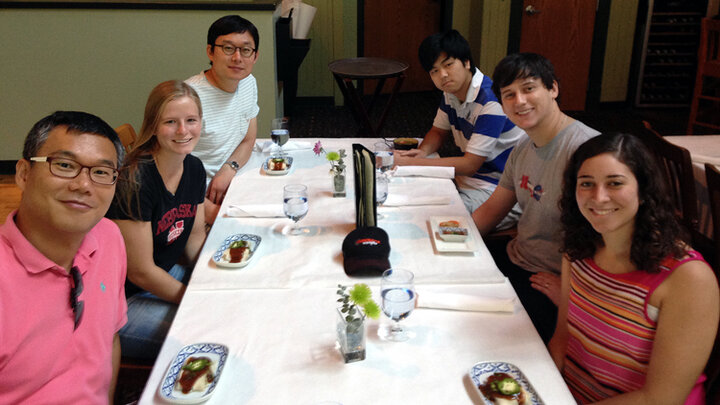 Lab team posing for photo during lunch at the Blue Orchid restaurant.